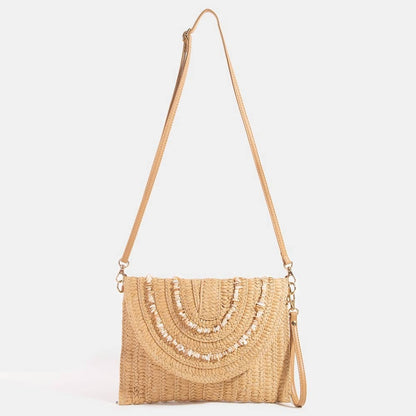 Shell Beaded Accent Paper Woven Envelope Clutch Bag