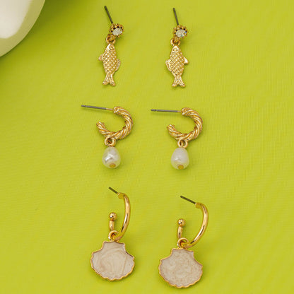 Fish Shell Pearl Marine Trio Earring Set | 80E62030
