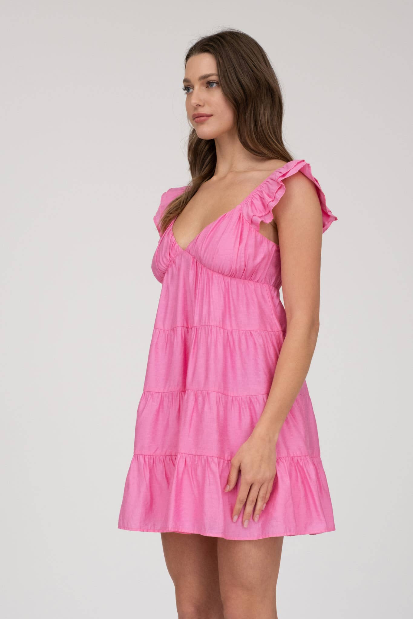 V NECK TIERED BABYDOLL MINI DRESS