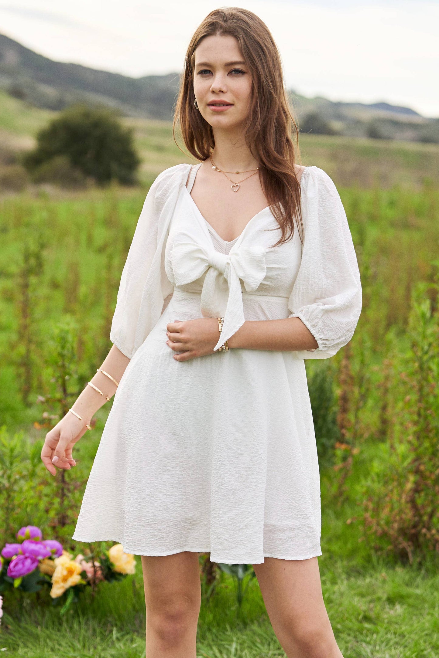 SELF-TIE PUFF SLEEVE SMOCKING OPEN BACK MINI DRESS