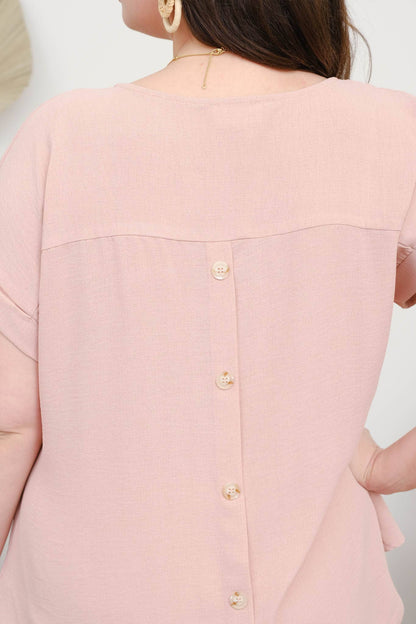PLUS SPLIT NECK BACK BUTTON SHORT FOLD SLEEVE TOP