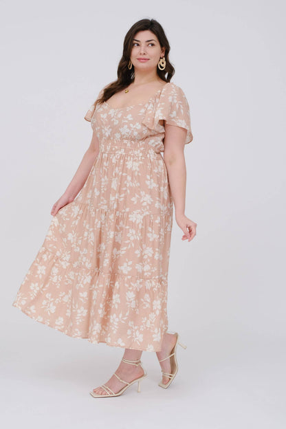PLUS FLORAL SCOOP NECK FLOUNCE SLEEVE MIDI DRESS