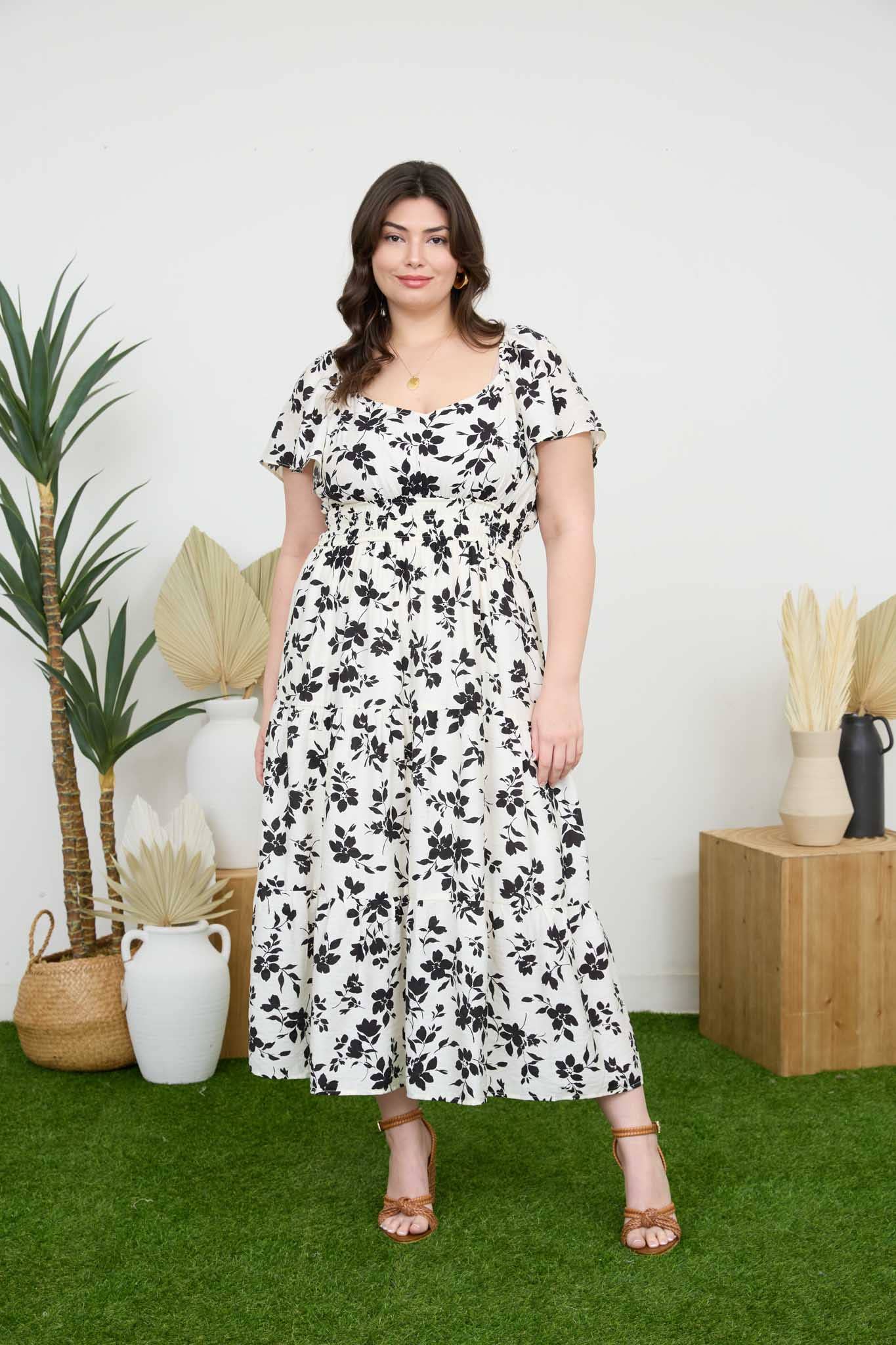 PLUS FLORAL SCOOP NECK FLOUNCE SLEEVE MIDI DRESS