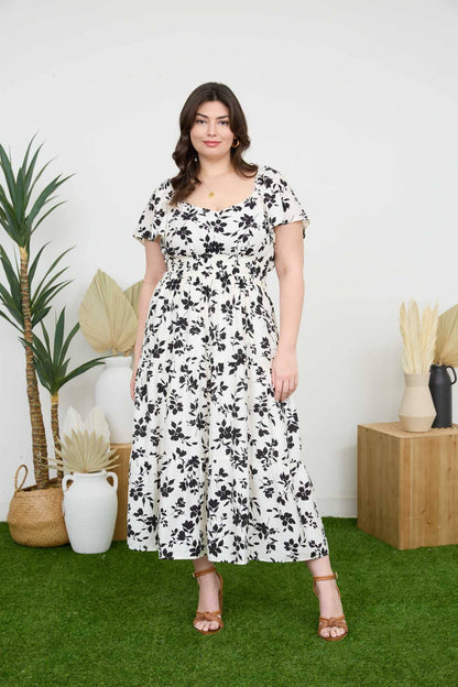 PLUS FLORAL SCOOP NECK FLOUNCE SLEEVE MIDI DRESS