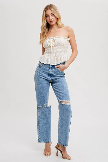 HIGH RISE DISTRESSED DENIM JEANS