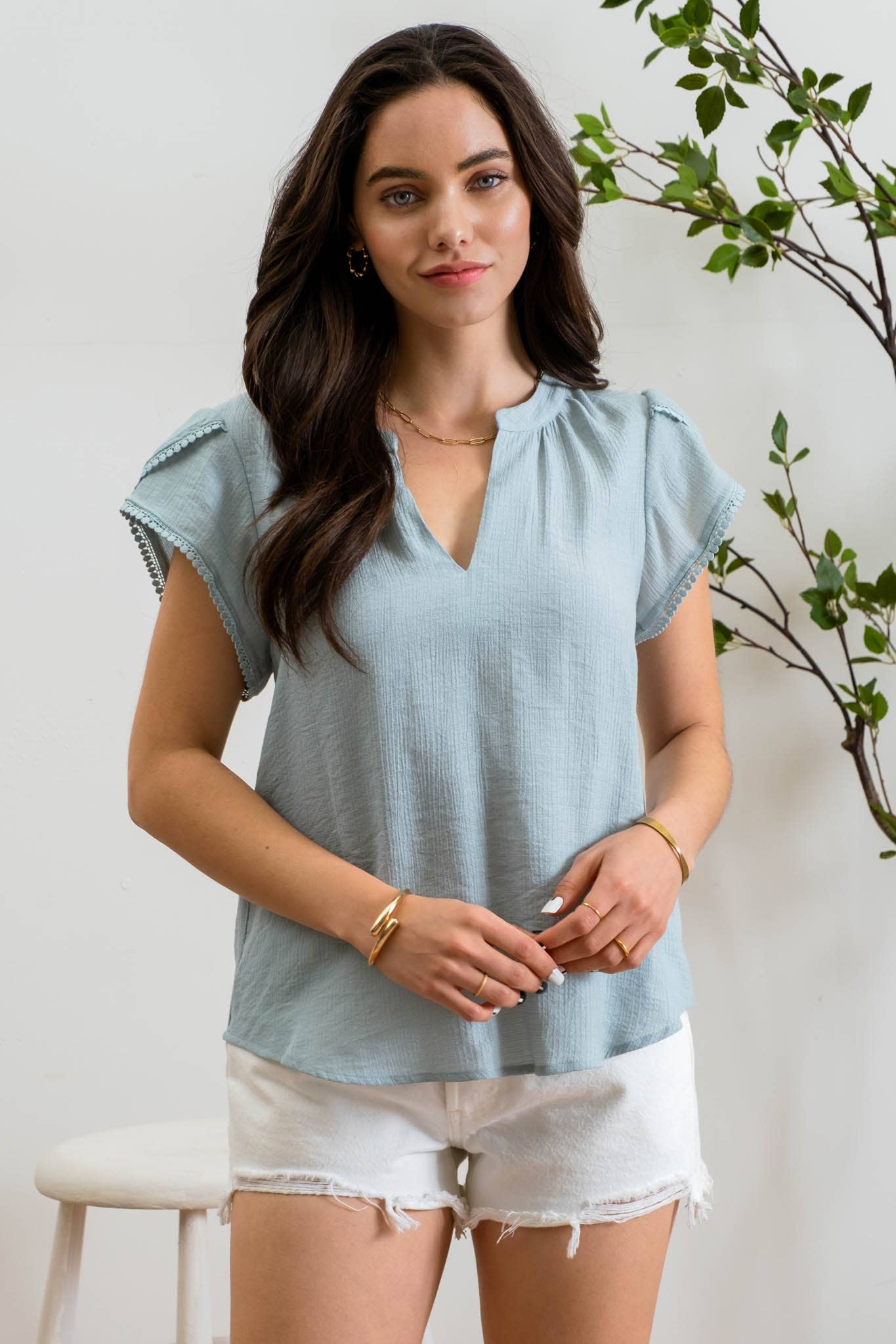 SPLIT NECK PETAL TASSEL SLEEVE BLOUSE