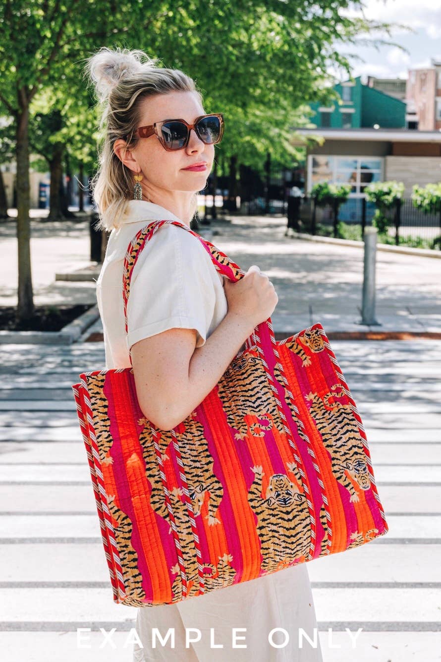 Striped Jaguar Large Quilted Tote Bag – Handmade, Reversible