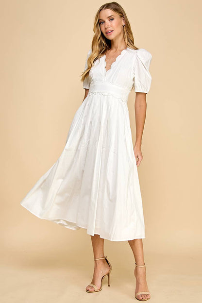 V Neckline Scalloped Detail Midi Dress
