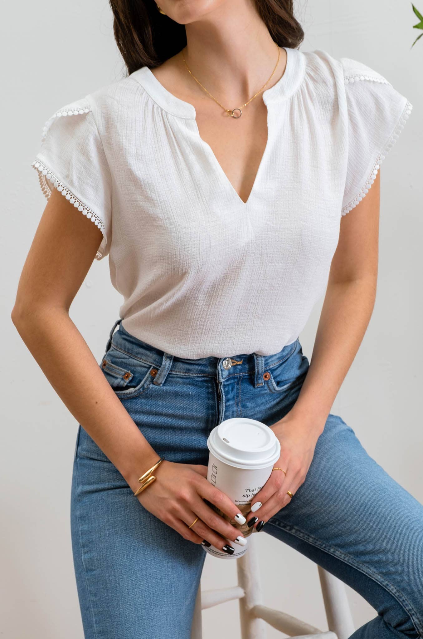 SPLIT NECK PETAL TASSEL SLEEVE BLOUSE