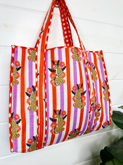 Striped Jaguar Large Quilted Tote Bag – Handmade, Reversible