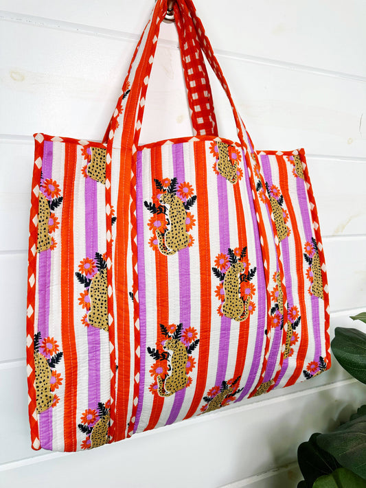 Striped Jaguar Large Quilted Tote Bag – Handmade, Reversible