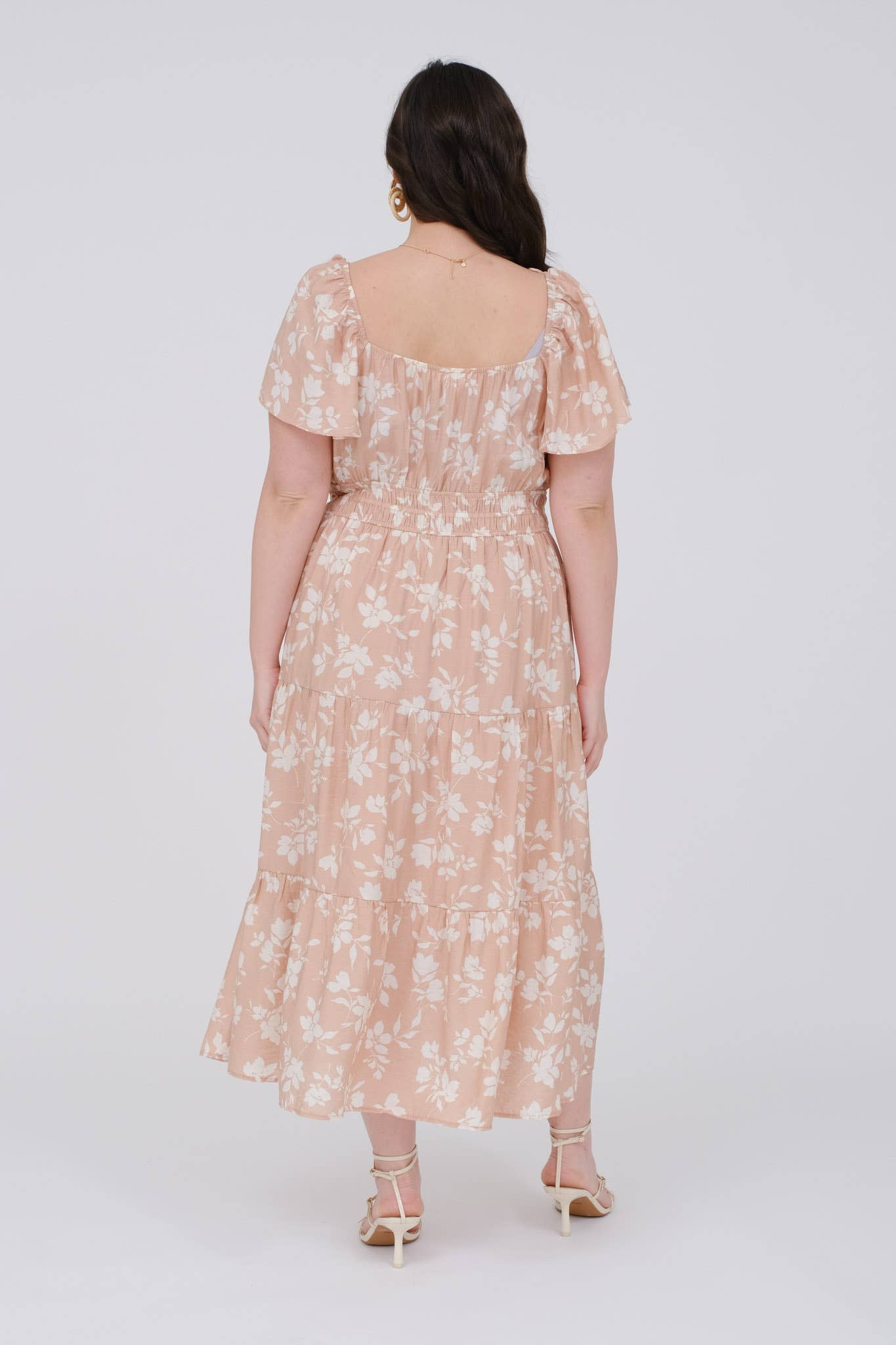 PLUS FLORAL SCOOP NECK FLOUNCE SLEEVE MIDI DRESS