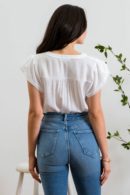 SPLIT NECK PETAL TASSEL SLEEVE BLOUSE