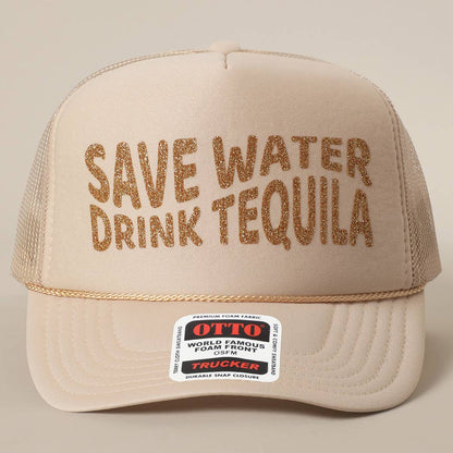 Save Water Drink Tequila Glitter Text Logo Mesh Back Cap