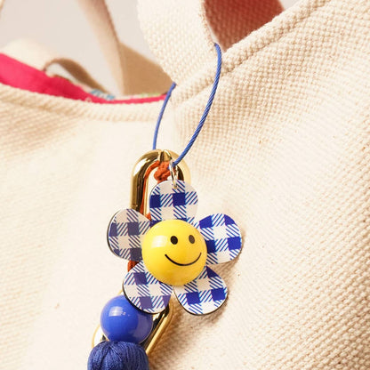 Happy Face Gingham Flower Tassel Keyring Bag Charm