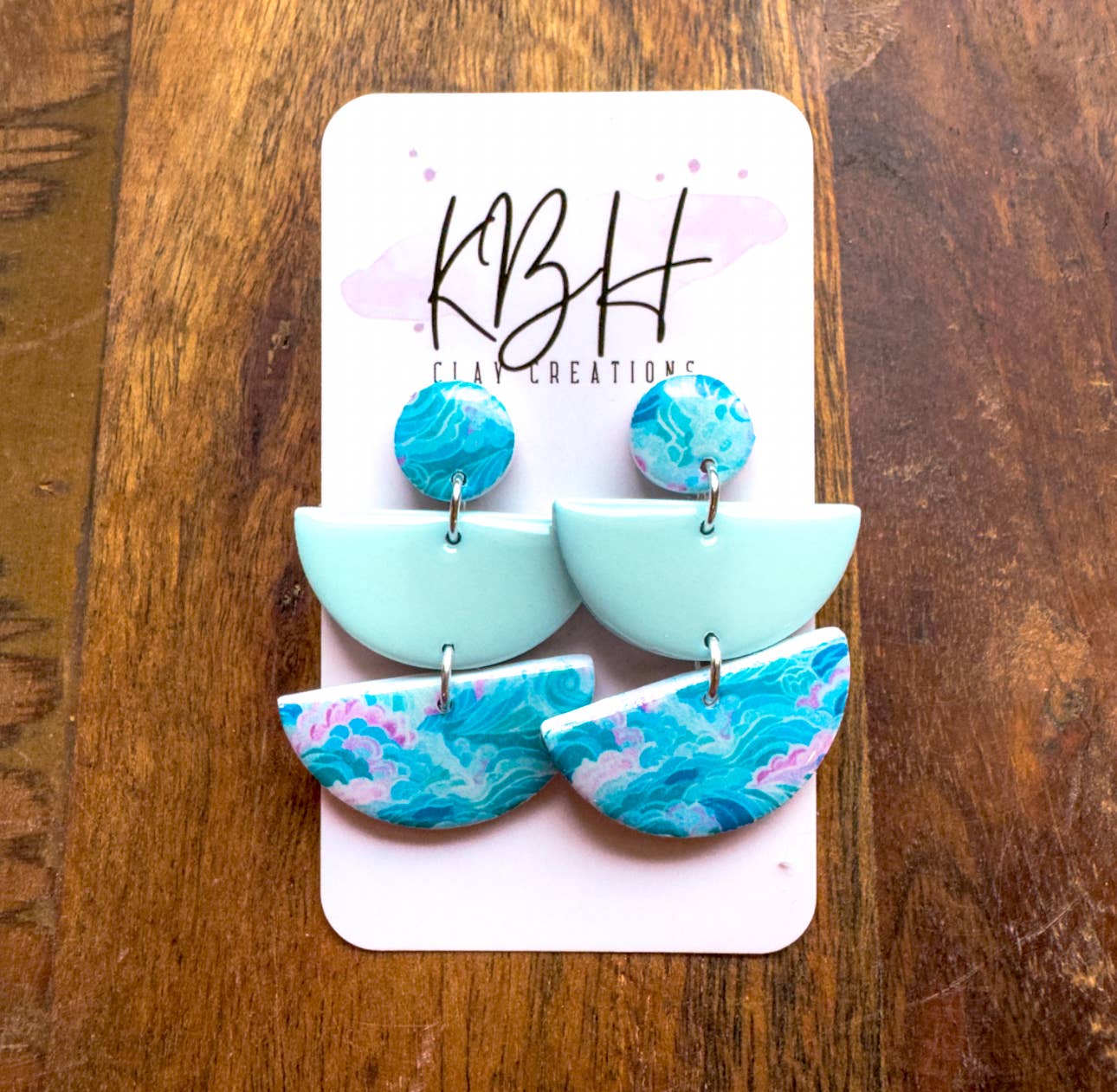 Blue Preppy Wave Half Moon Dangle Handmade Clay Earrings 