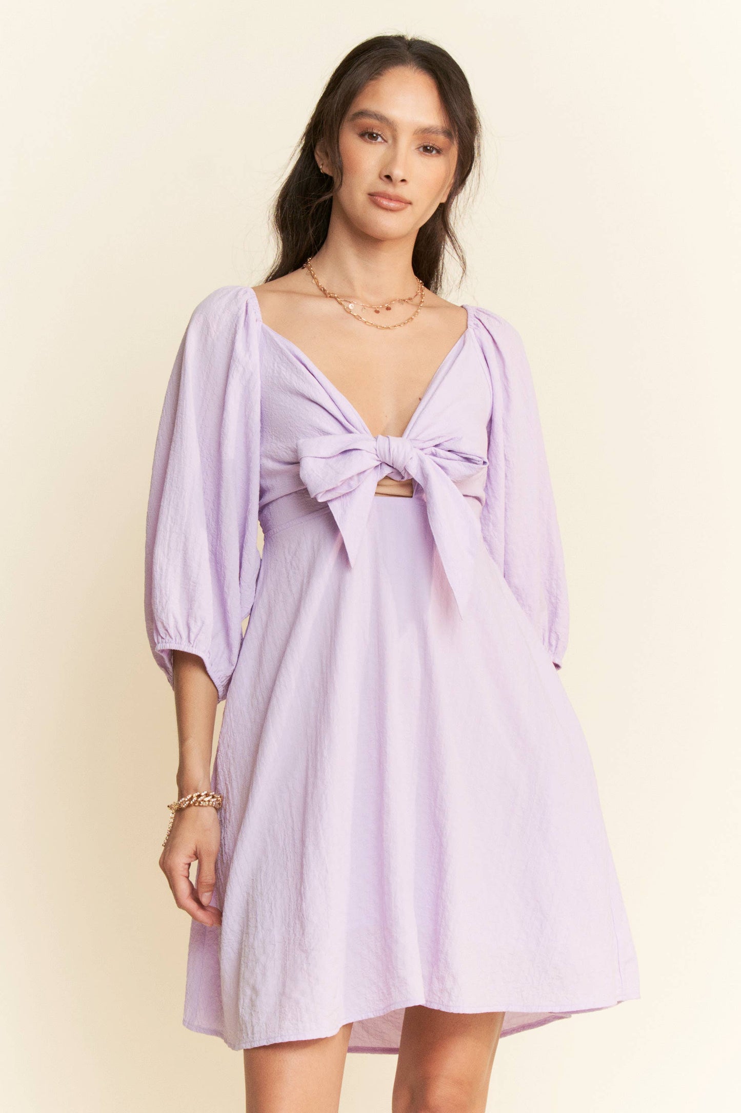SELF-TIE PUFF SLEEVE SMOCKING OPEN BACK MINI DRESS