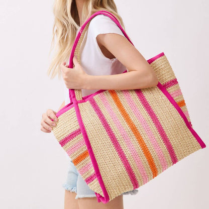 Oversized Striped Straw Braided Tote Bag