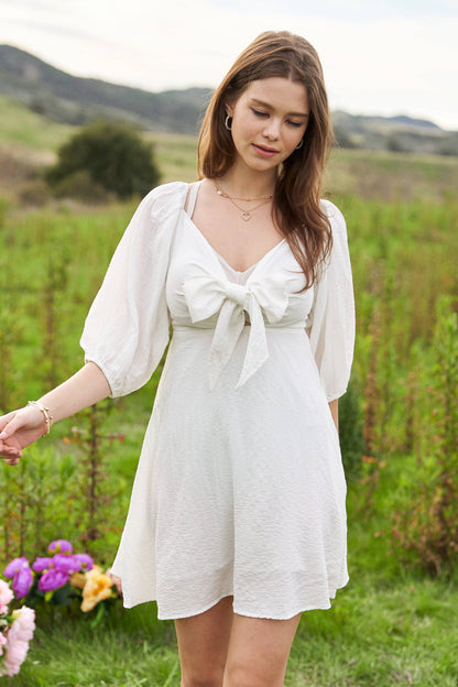 SELF-TIE PUFF SLEEVE SMOCKING OPEN BACK MINI DRESS