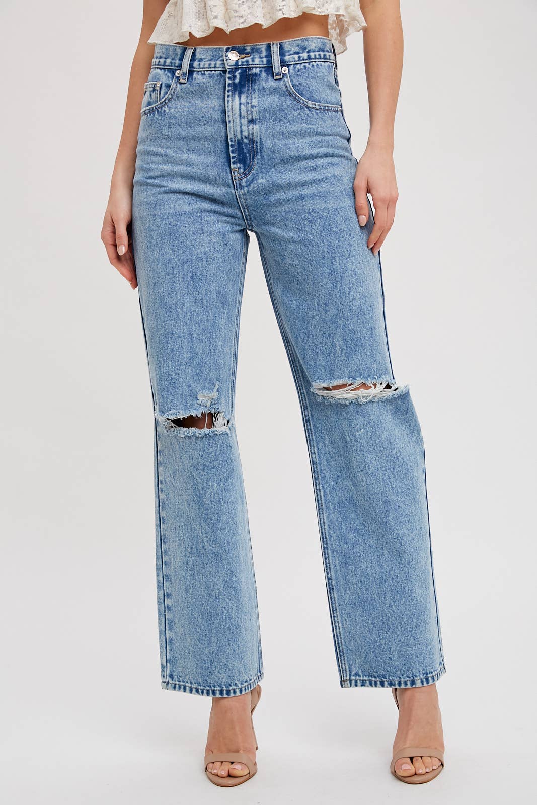 HIGH RISE DISTRESSED DENIM JEANS