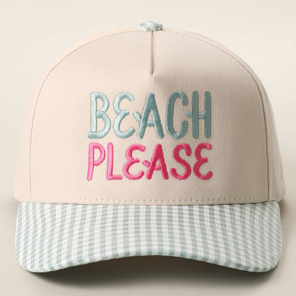 BEACH PLEASE Embroidered Gingham Brim Trucker Hat