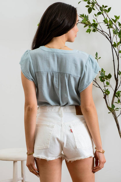 SPLIT NECK PETAL TASSEL SLEEVE BLOUSE