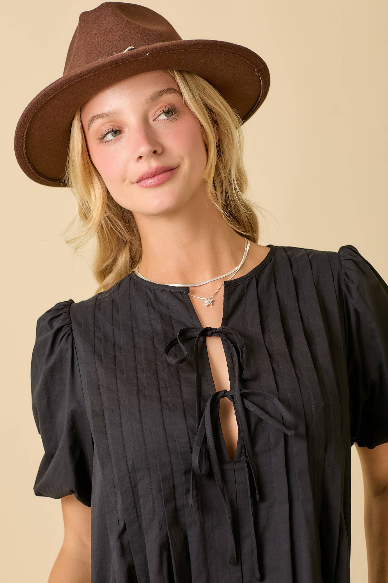 Pin Tuck Detail Bubble Sleeve Summer Mini Dress