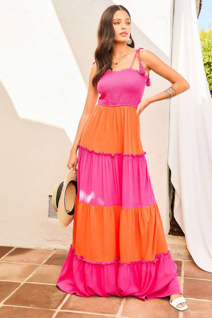 PLUS SIZE Color Block Tier Ruffle Solid Maxi Dress