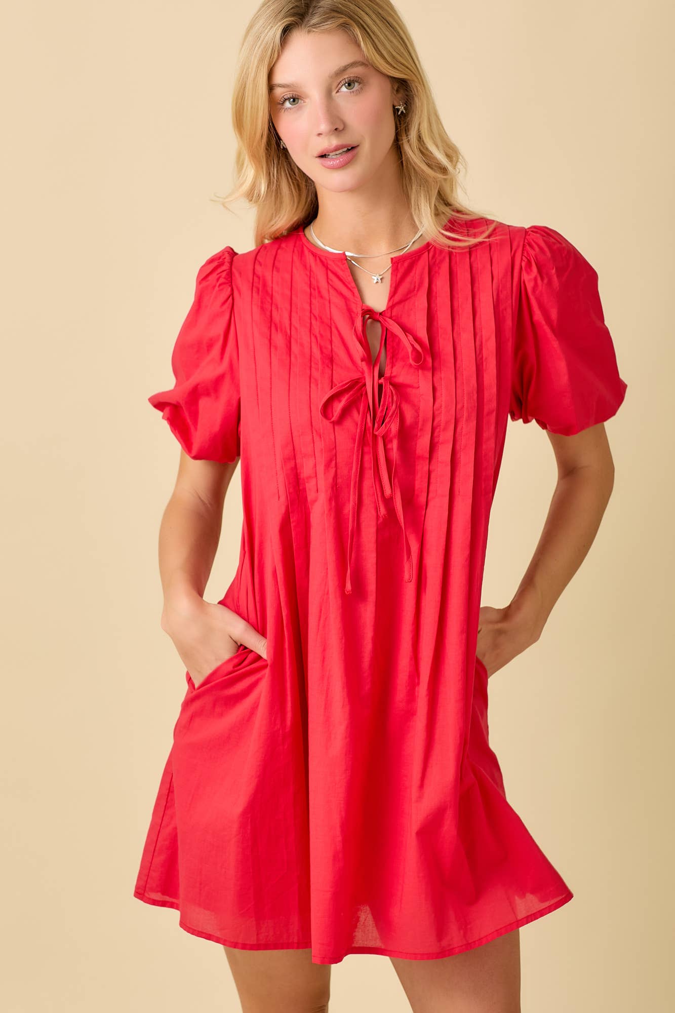 Pin Tuck Detail Bubble Sleeve Summer Mini Dress