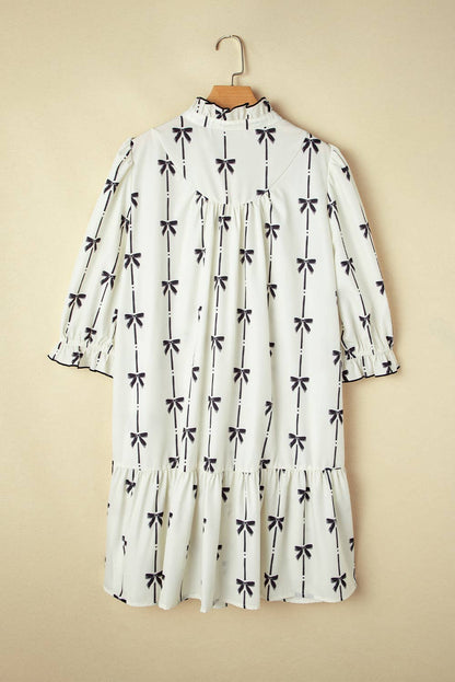 Bow Print Puff Sleeve Ruffled Mini Dress | Plus Size 1X-3X