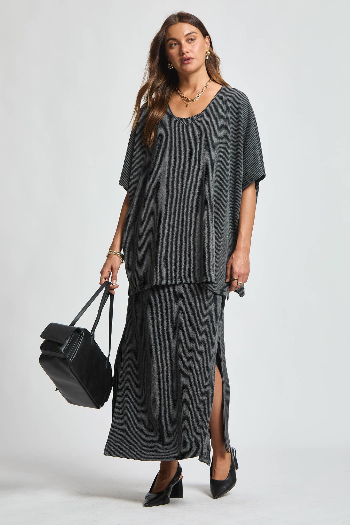 Flowy Poncho Style Top + Maxi Dress 2 Piece Set
