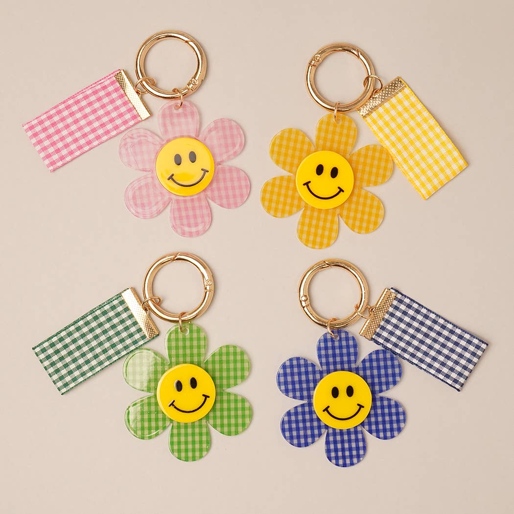 Happy Face Gingham Flower Bow Keychain Bag Charm