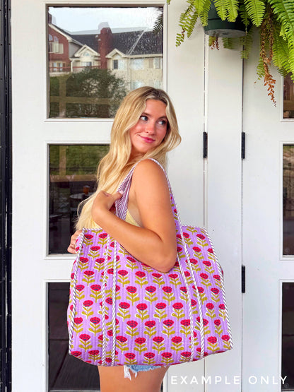 Quilted Tote Bag - Reversible Carryall - Southern Town Print