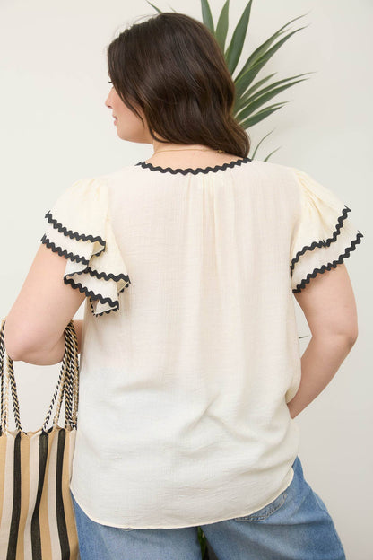 PLUS V NECK WAVY TRIM RUFFLE SLEEVE TOP