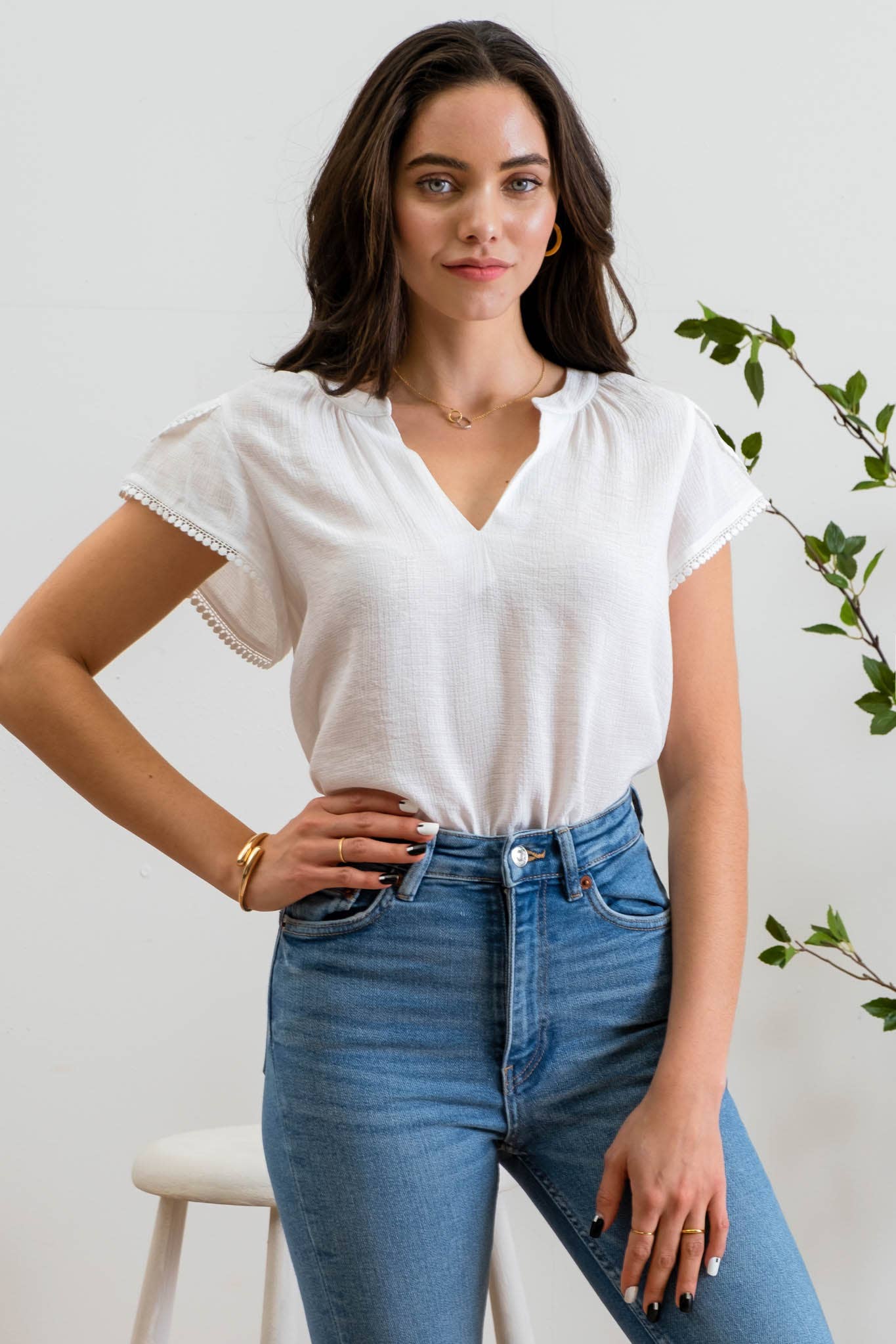 SPLIT NECK PETAL TASSEL SLEEVE BLOUSE