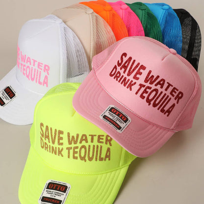 Save Water Drink Tequila Glitter Text Logo Mesh Back Cap