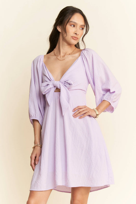 SELF-TIE PUFF SLEEVE SMOCKING OPEN BACK MINI DRESS