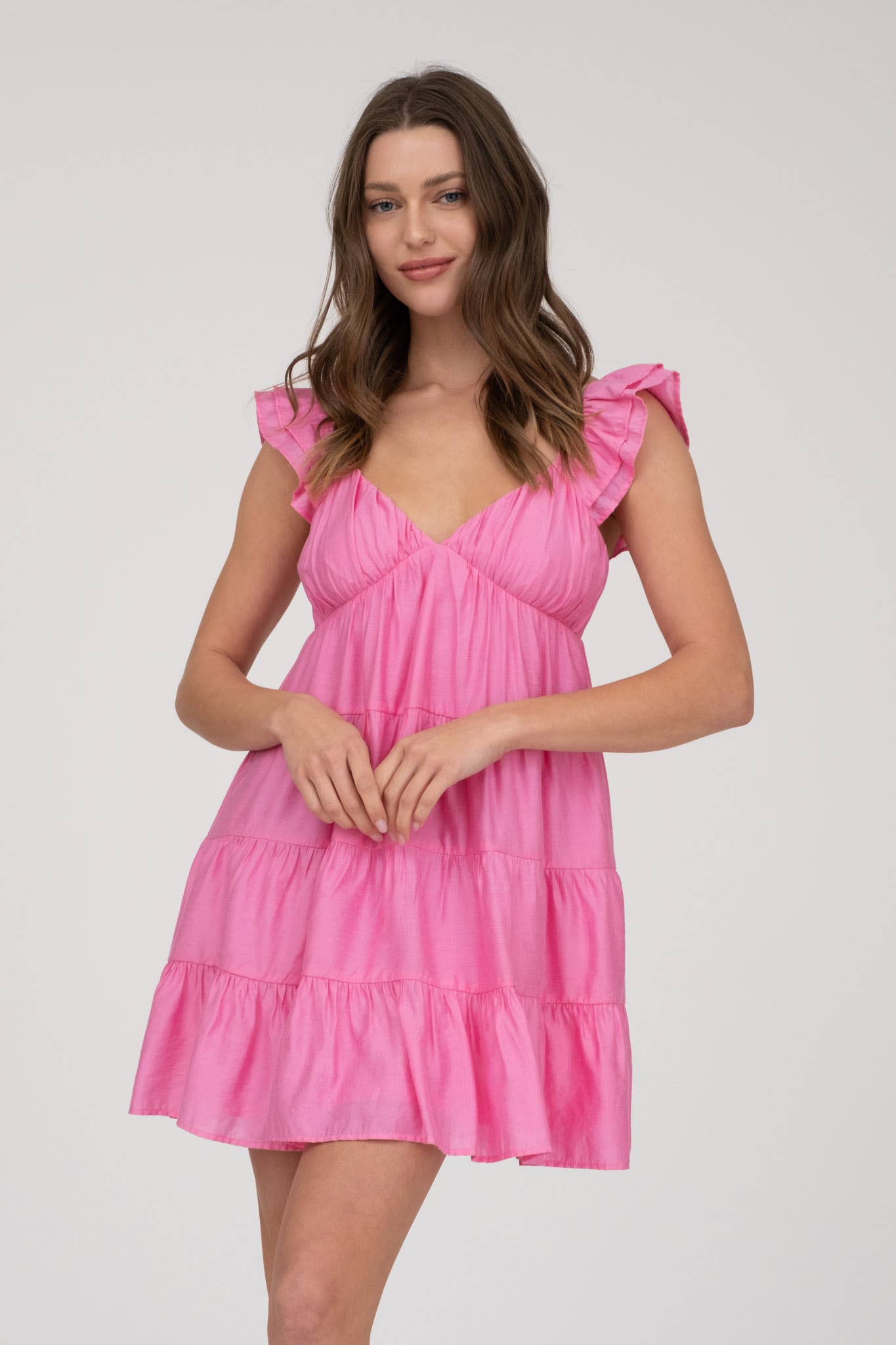 V NECK TIERED BABYDOLL MINI DRESS