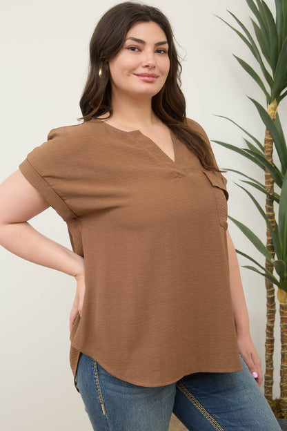 PLUS SPLIT NECK BACK BUTTON SHORT FOLD SLEEVE TOP