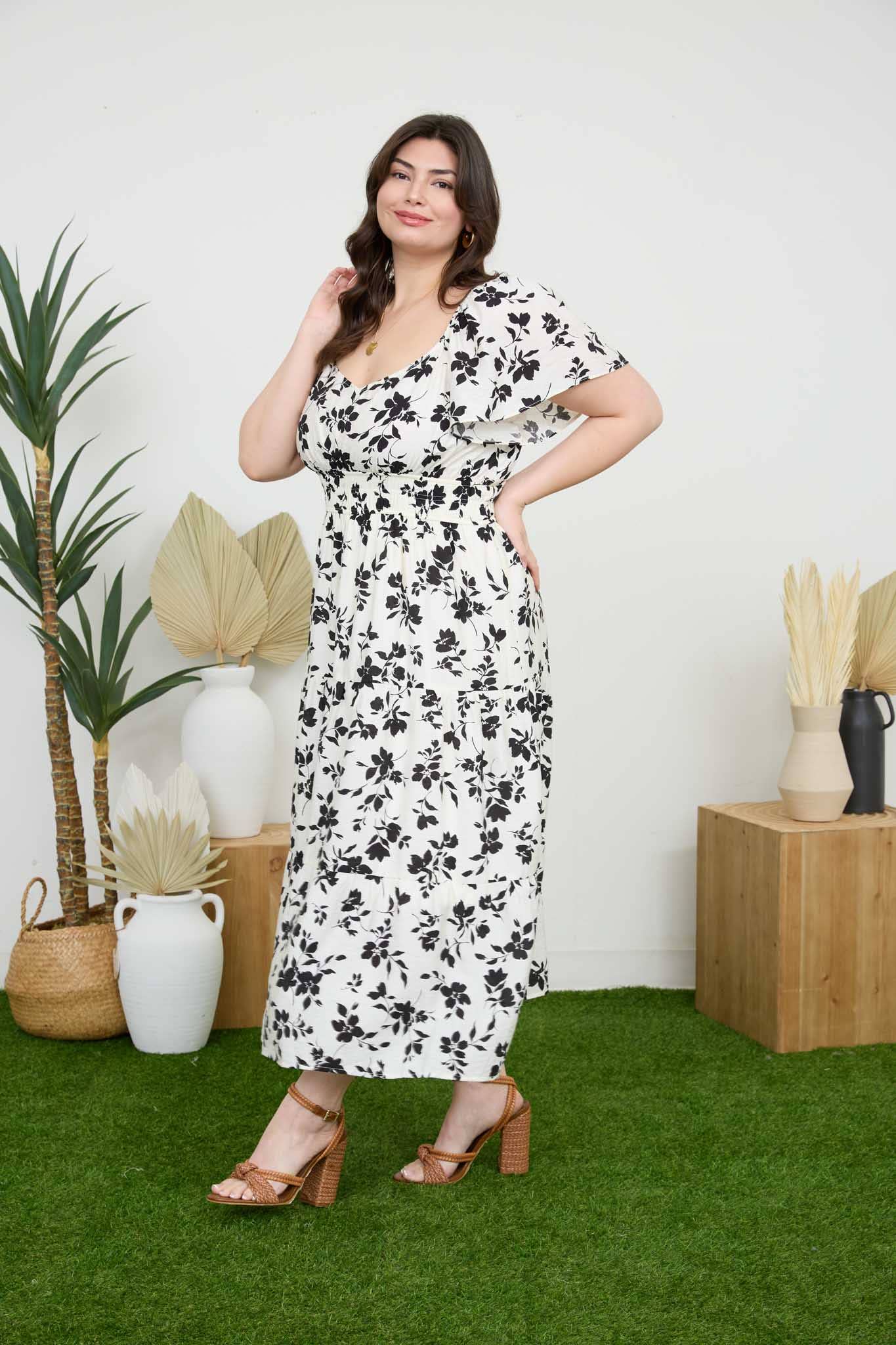 PLUS FLORAL SCOOP NECK FLOUNCE SLEEVE MIDI DRESS