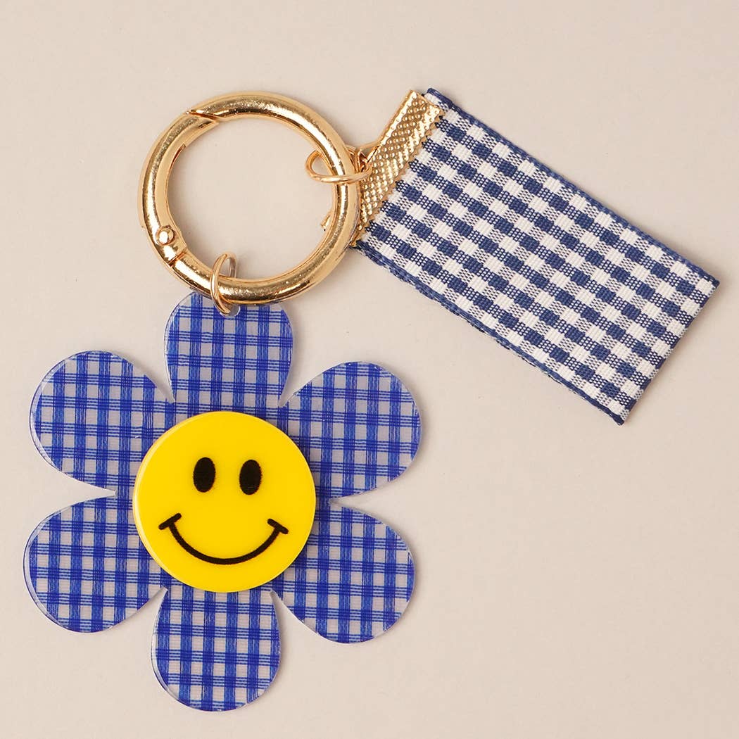 Happy Face Gingham Flower Bow Keychain Bag Charm