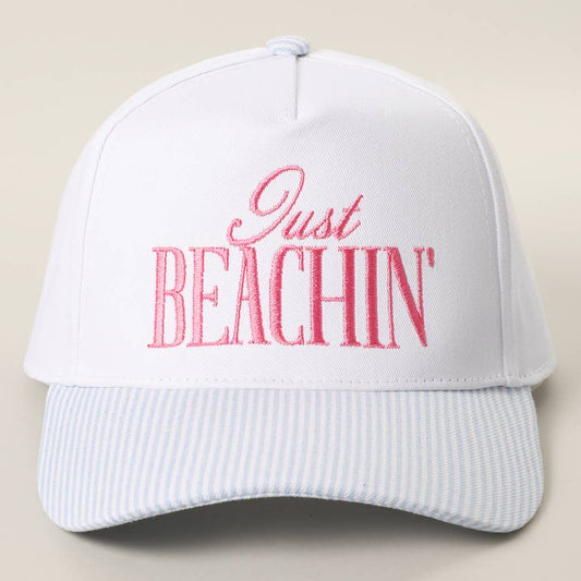 JUST BEACHIN' Embroidered Stripe Brim Trucker Hat