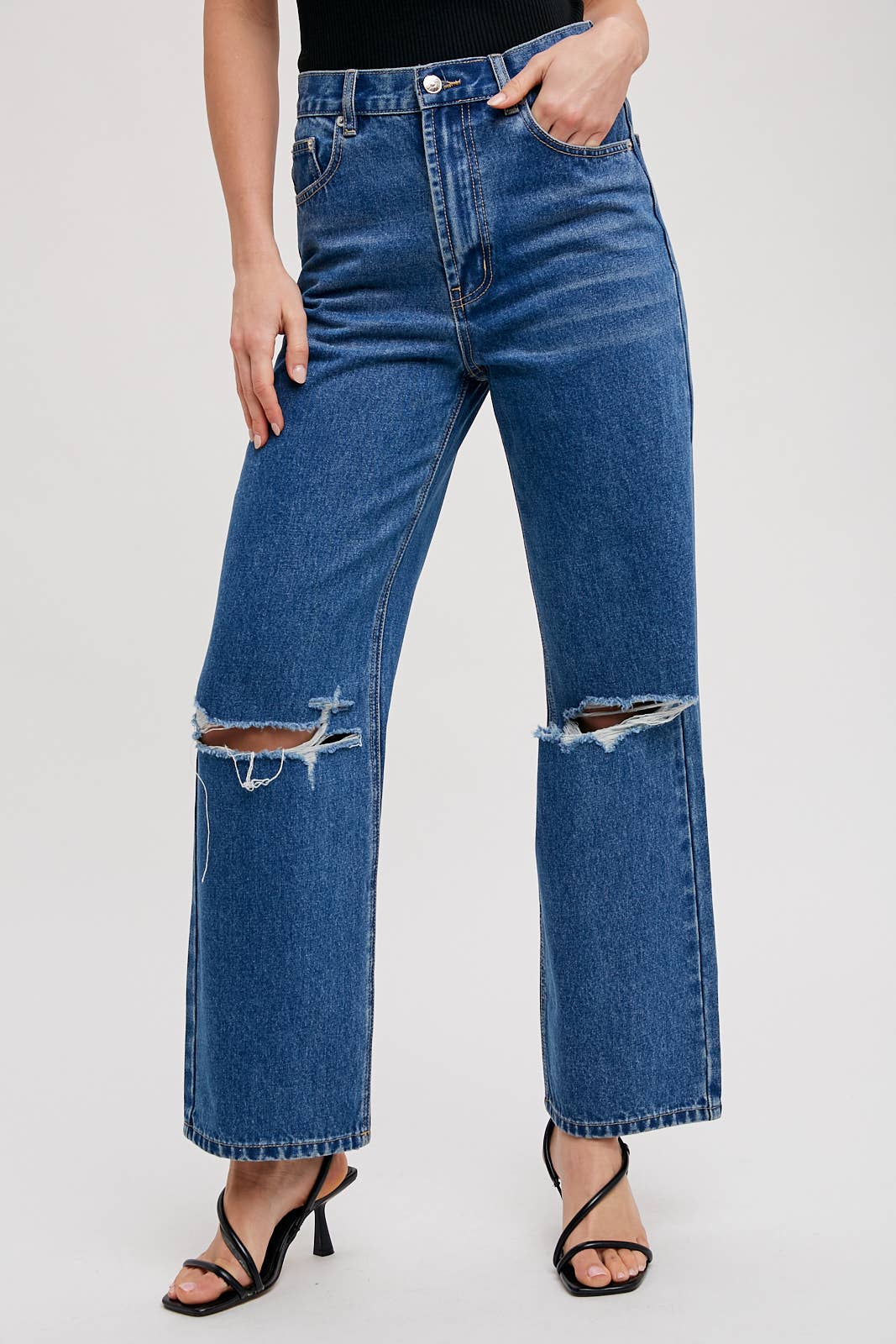 HIGH RISE DISTRESSED DENIM JEANS