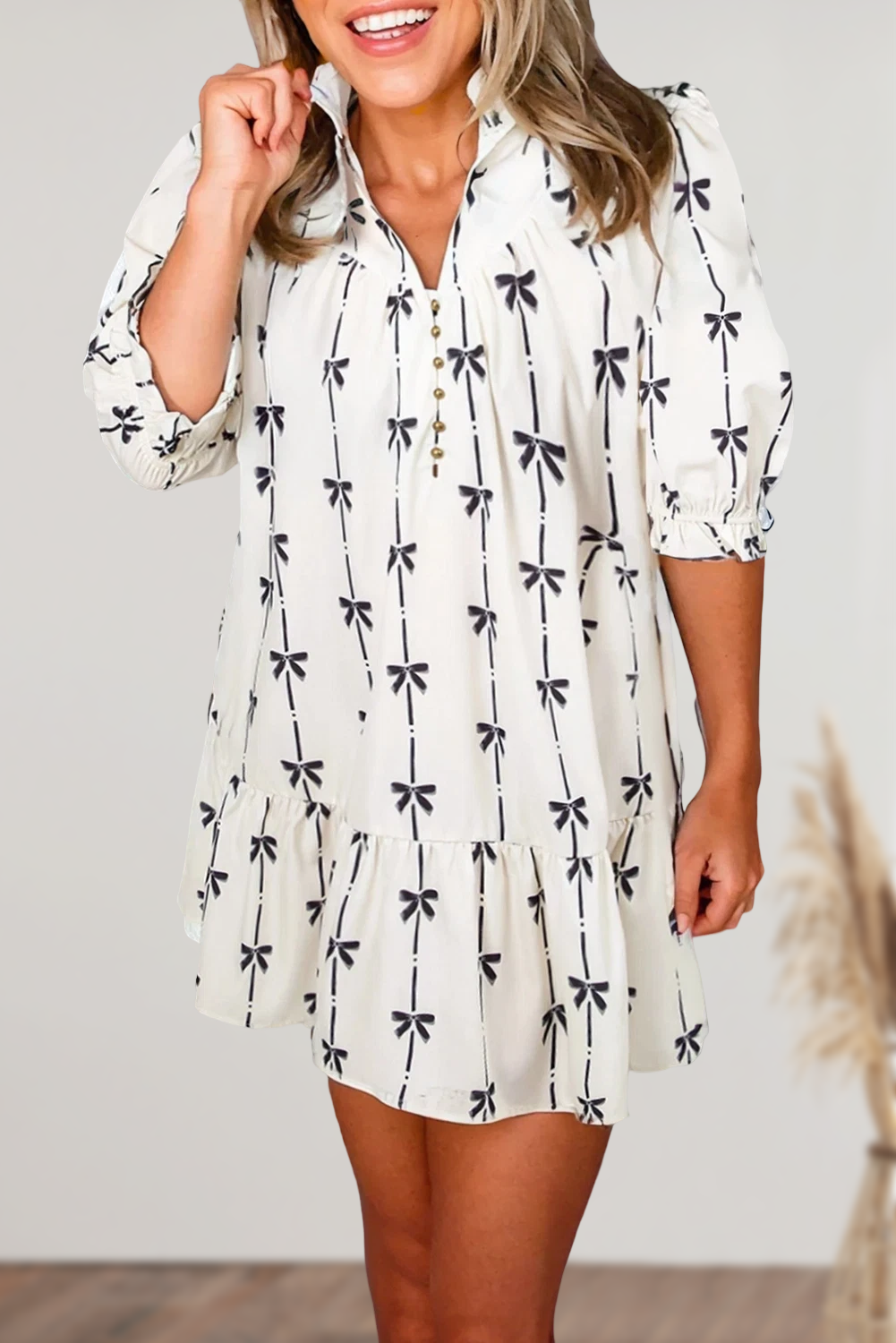 Bow Print Puff Sleeve Ruffled Mini Dress | Plus Size 1X-3X