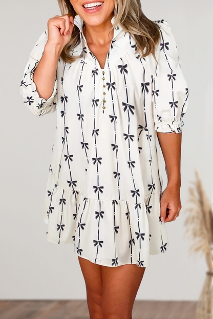Bow Print Puff Sleeve Ruffled Mini Dress | Plus Size 1X-3X