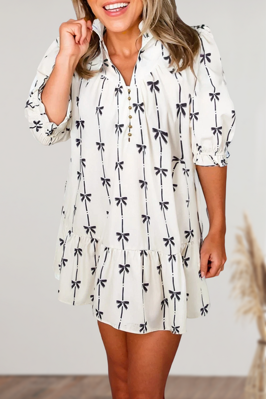Bow Print Puff Sleeve Ruffled Mini Dress | Plus Size 1X-3X
