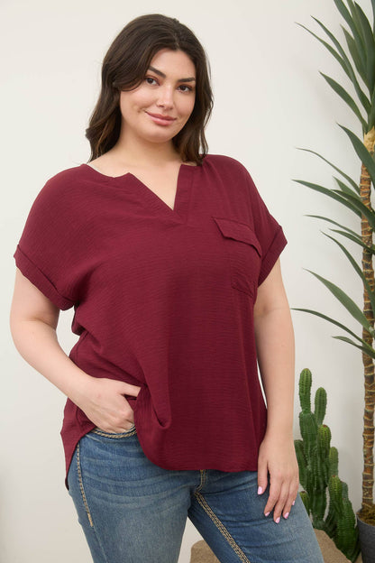 PLUS SPLIT NECK BACK BUTTON SHORT FOLD SLEEVE TOP