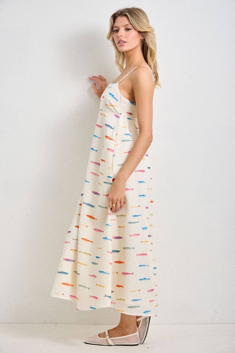 PLUS SIZE FISH PRINT SLEEVELESS MIDI DRESS