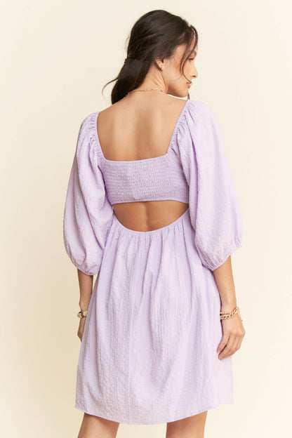 SELF-TIE PUFF SLEEVE SMOCKING OPEN BACK MINI DRESS
