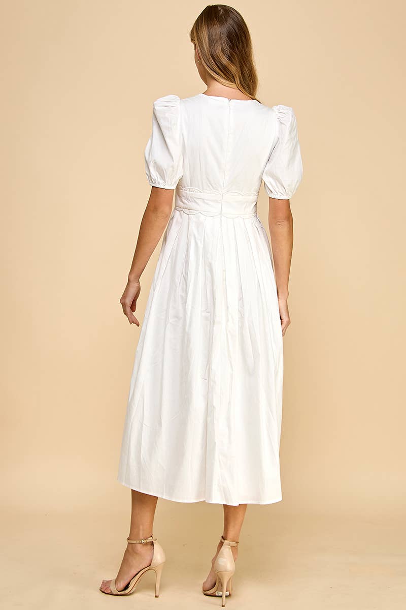 V Neckline Scalloped Detail Midi Dress